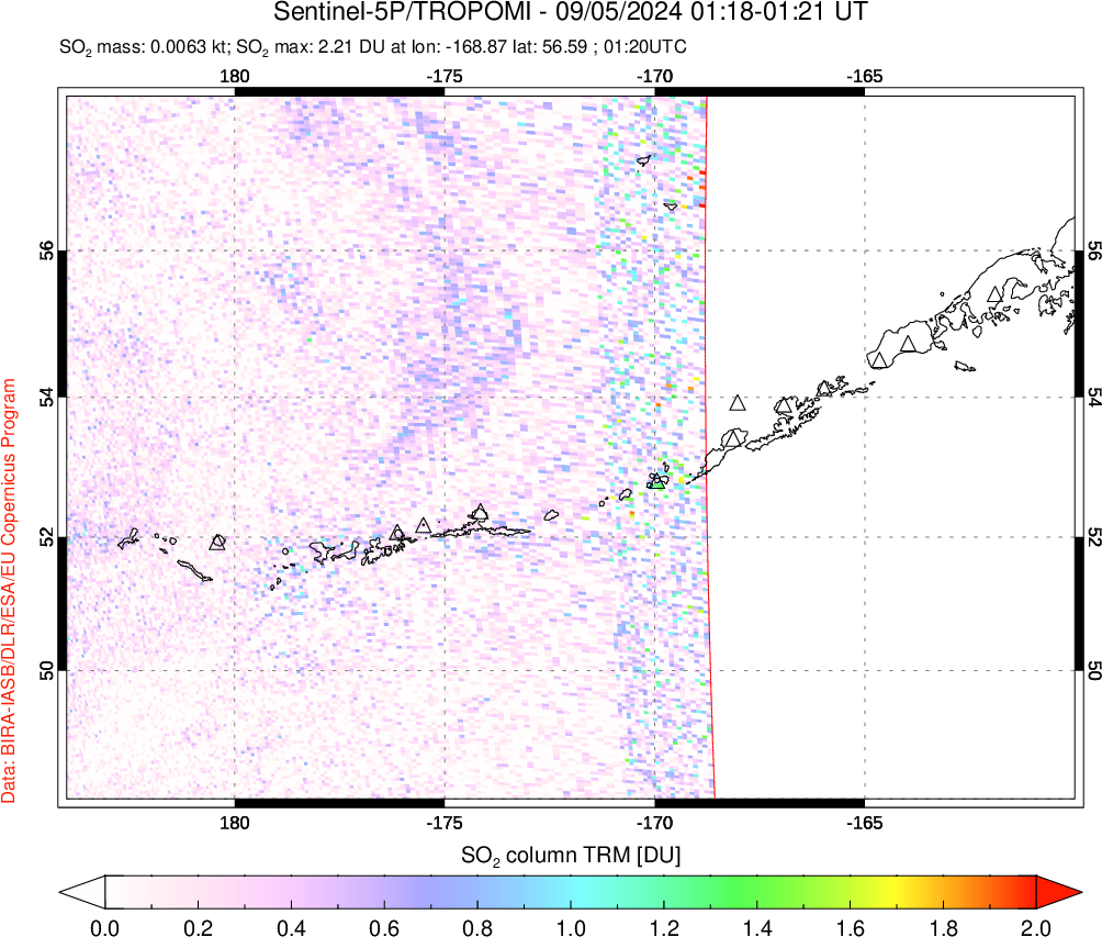 A sulfur dioxide image over Aleutian Islands, Alaska, USA on Sep 05, 2024.