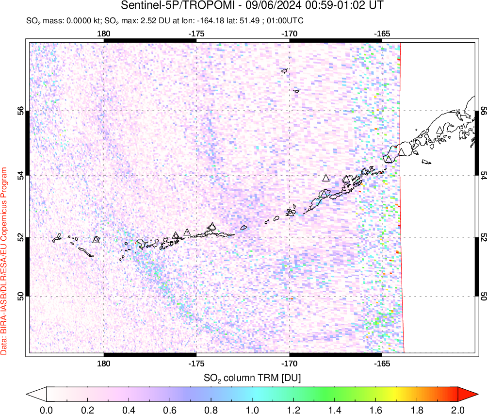 A sulfur dioxide image over Aleutian Islands, Alaska, USA on Sep 06, 2024.