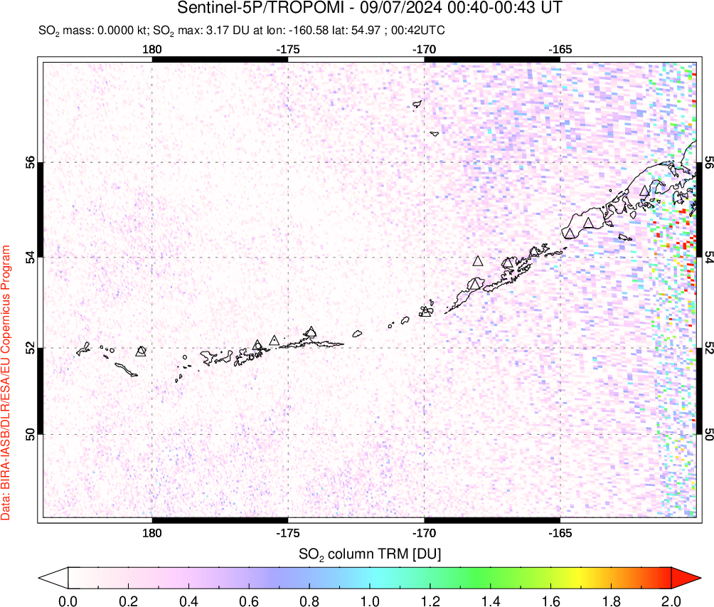 A sulfur dioxide image over Aleutian Islands, Alaska, USA on Sep 07, 2024.