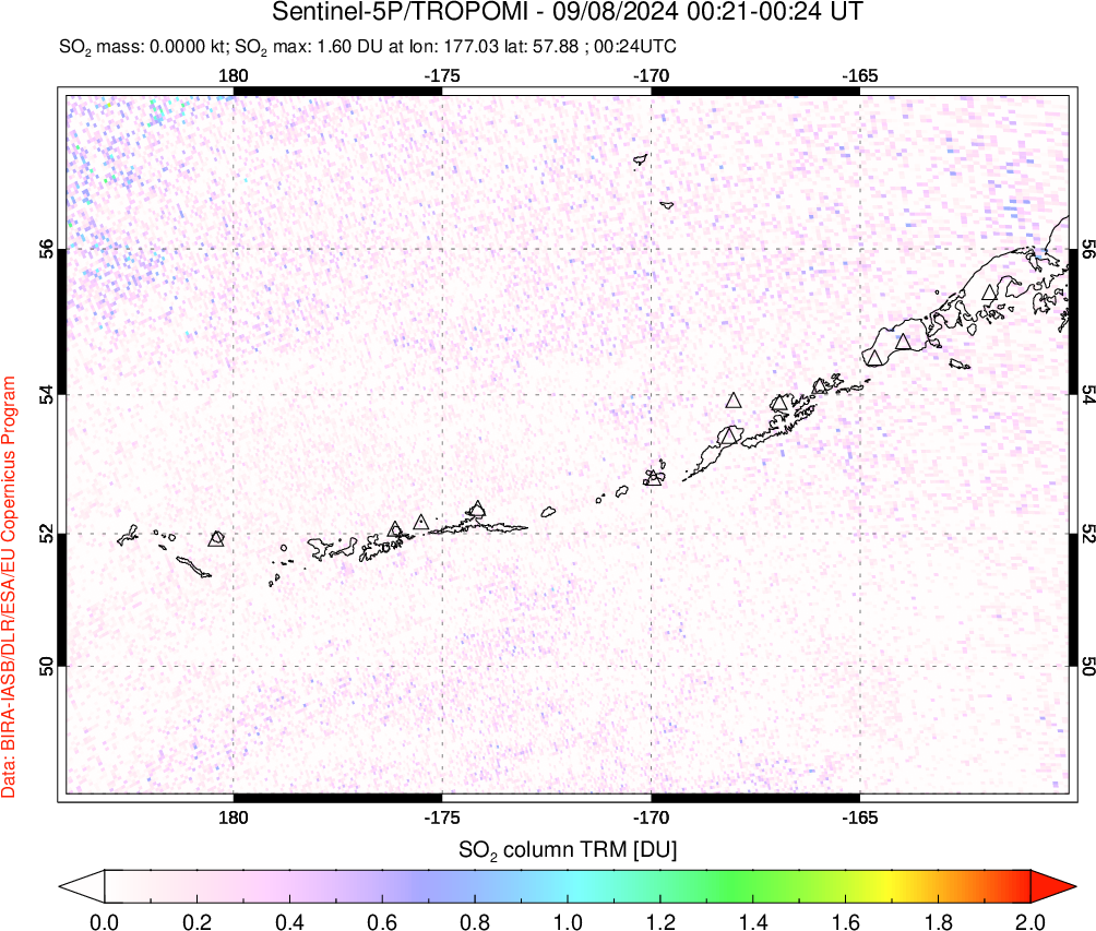 A sulfur dioxide image over Aleutian Islands, Alaska, USA on Sep 08, 2024.