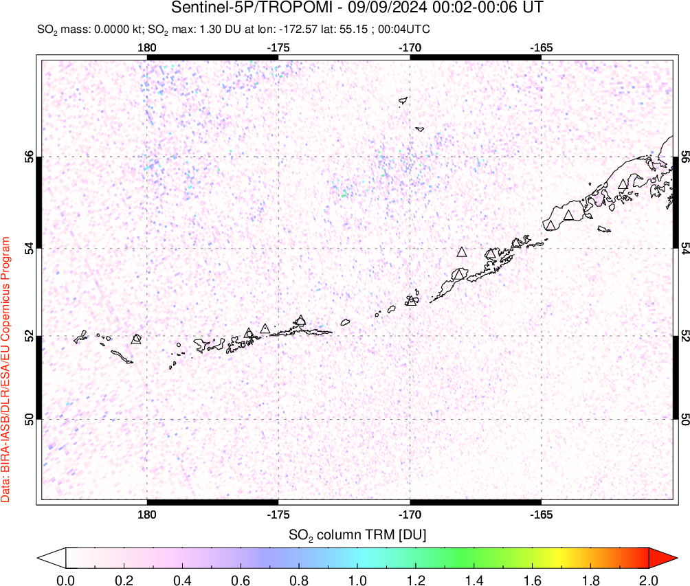 A sulfur dioxide image over Aleutian Islands, Alaska, USA on Sep 09, 2024.