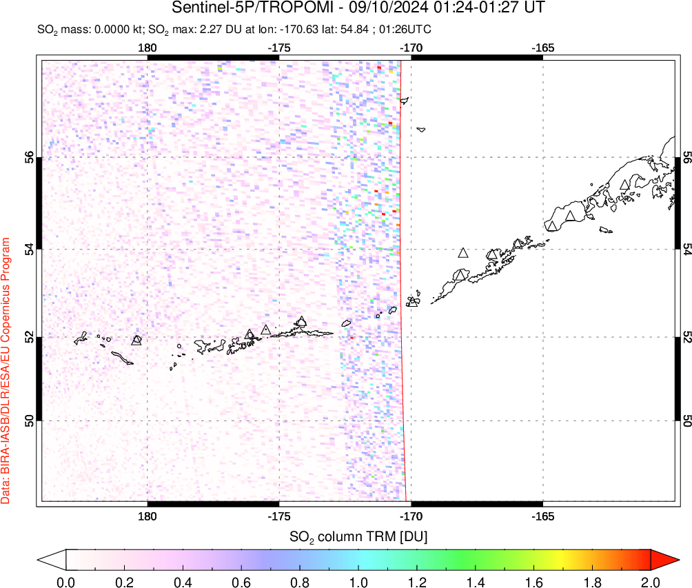 A sulfur dioxide image over Aleutian Islands, Alaska, USA on Sep 10, 2024.