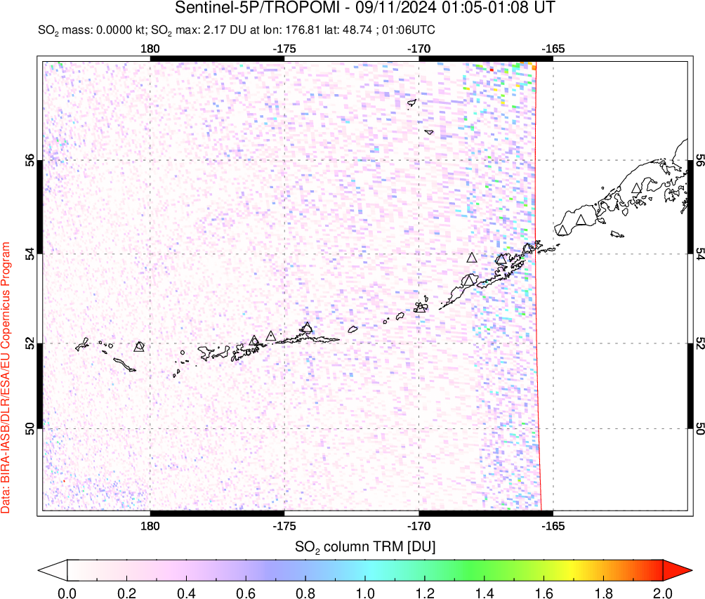 A sulfur dioxide image over Aleutian Islands, Alaska, USA on Sep 11, 2024.