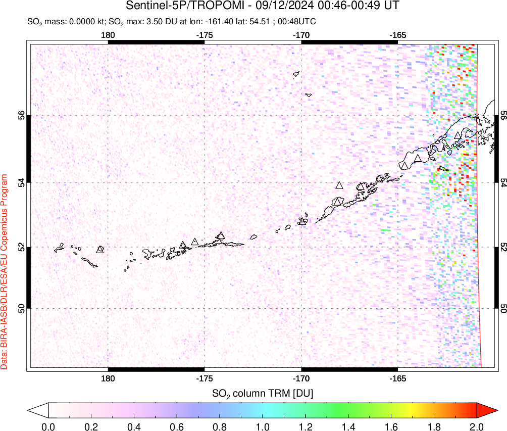 A sulfur dioxide image over Aleutian Islands, Alaska, USA on Sep 12, 2024.