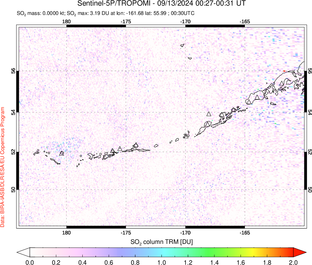 A sulfur dioxide image over Aleutian Islands, Alaska, USA on Sep 13, 2024.