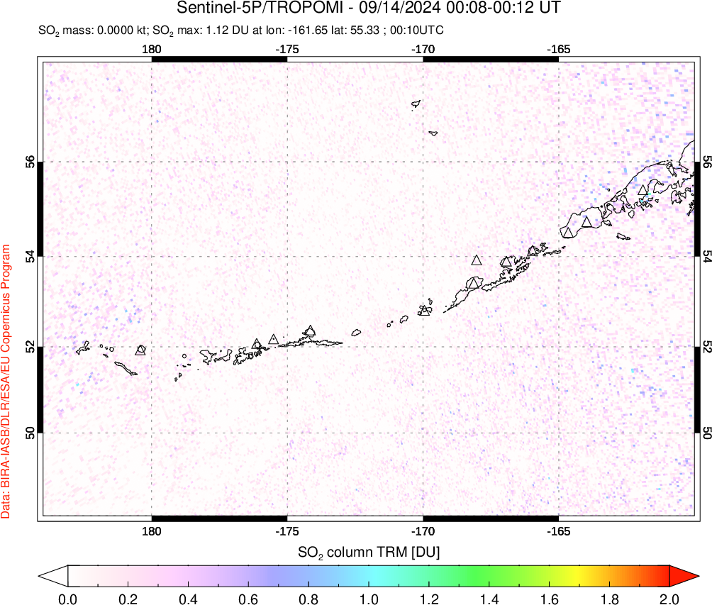 A sulfur dioxide image over Aleutian Islands, Alaska, USA on Sep 14, 2024.