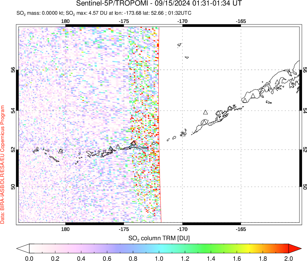 A sulfur dioxide image over Aleutian Islands, Alaska, USA on Sep 15, 2024.