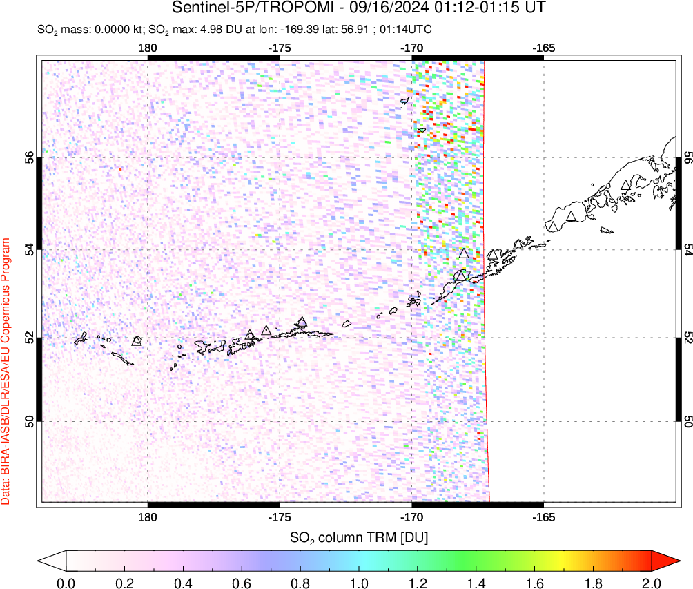 A sulfur dioxide image over Aleutian Islands, Alaska, USA on Sep 16, 2024.