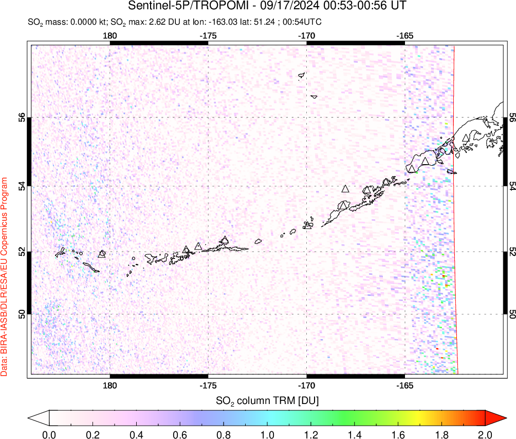 A sulfur dioxide image over Aleutian Islands, Alaska, USA on Sep 17, 2024.