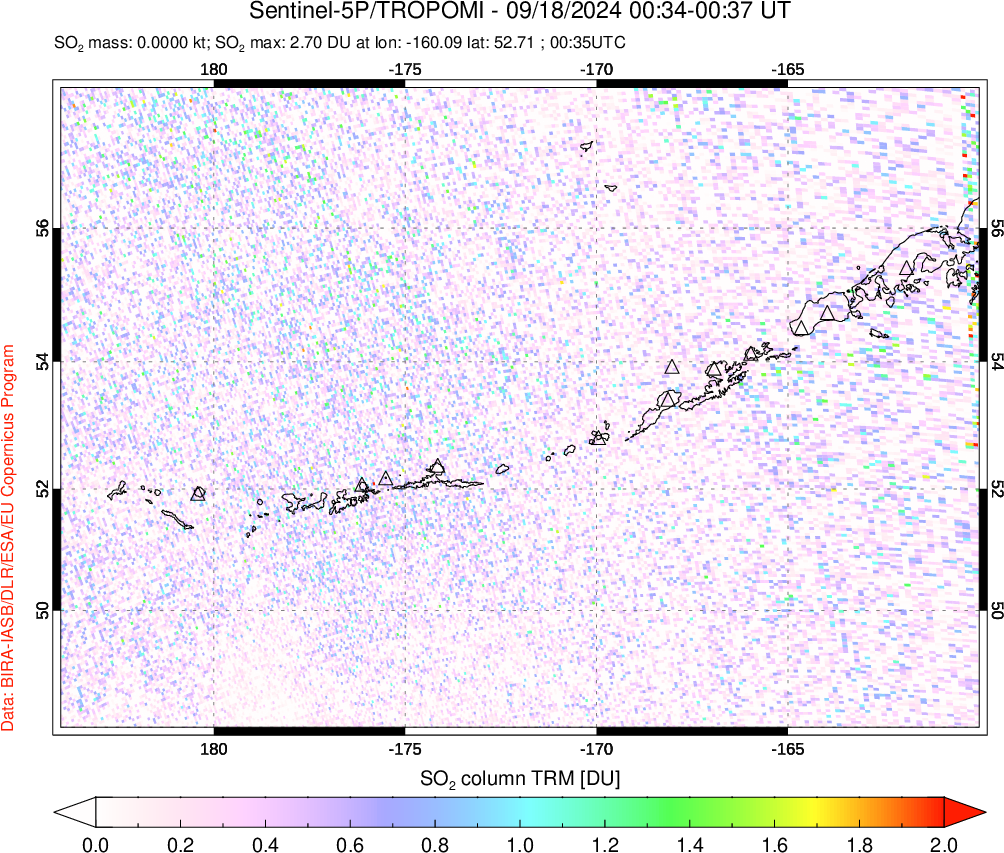 A sulfur dioxide image over Aleutian Islands, Alaska, USA on Sep 18, 2024.