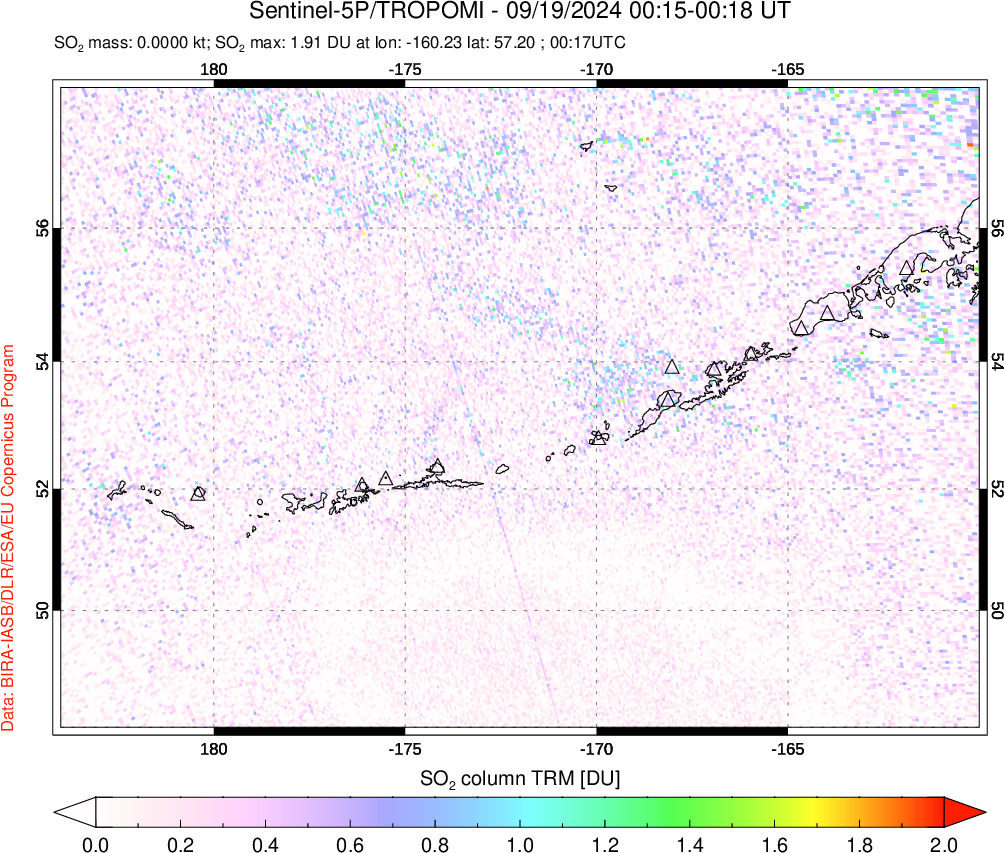 A sulfur dioxide image over Aleutian Islands, Alaska, USA on Sep 19, 2024.