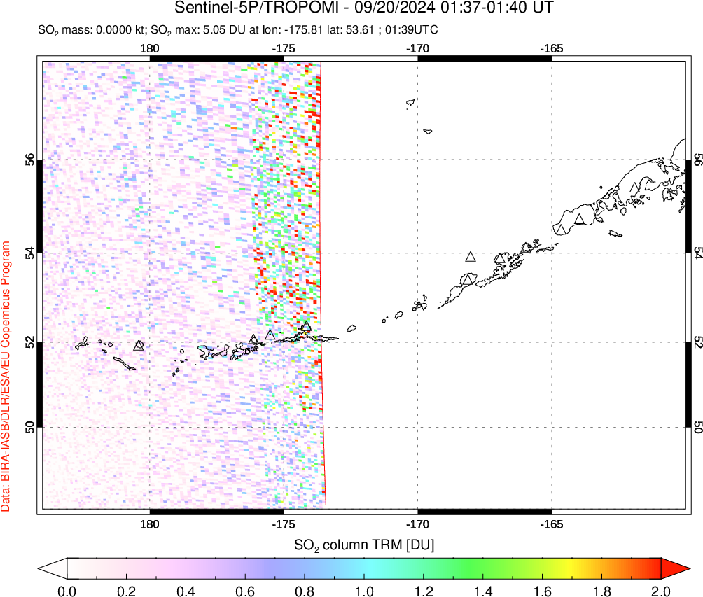 A sulfur dioxide image over Aleutian Islands, Alaska, USA on Sep 20, 2024.