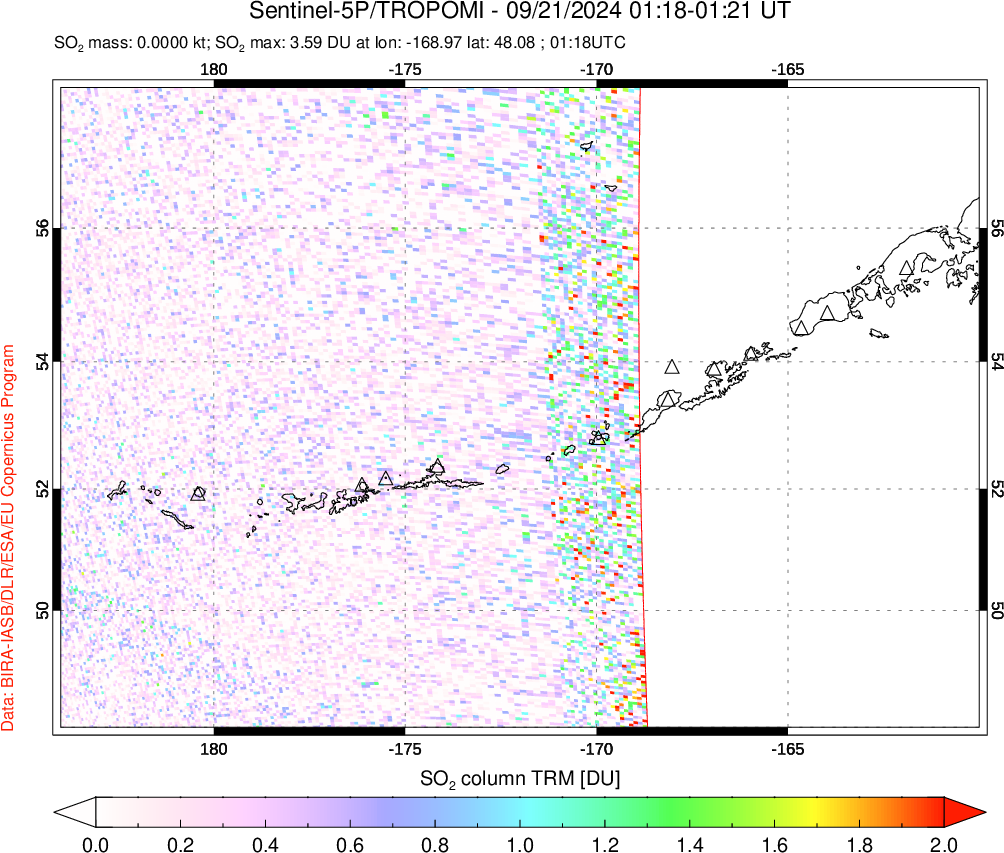 A sulfur dioxide image over Aleutian Islands, Alaska, USA on Sep 21, 2024.