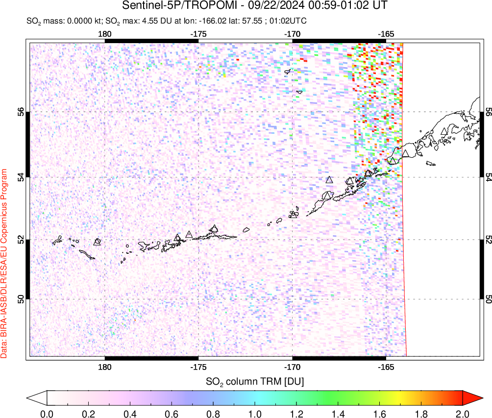 A sulfur dioxide image over Aleutian Islands, Alaska, USA on Sep 22, 2024.