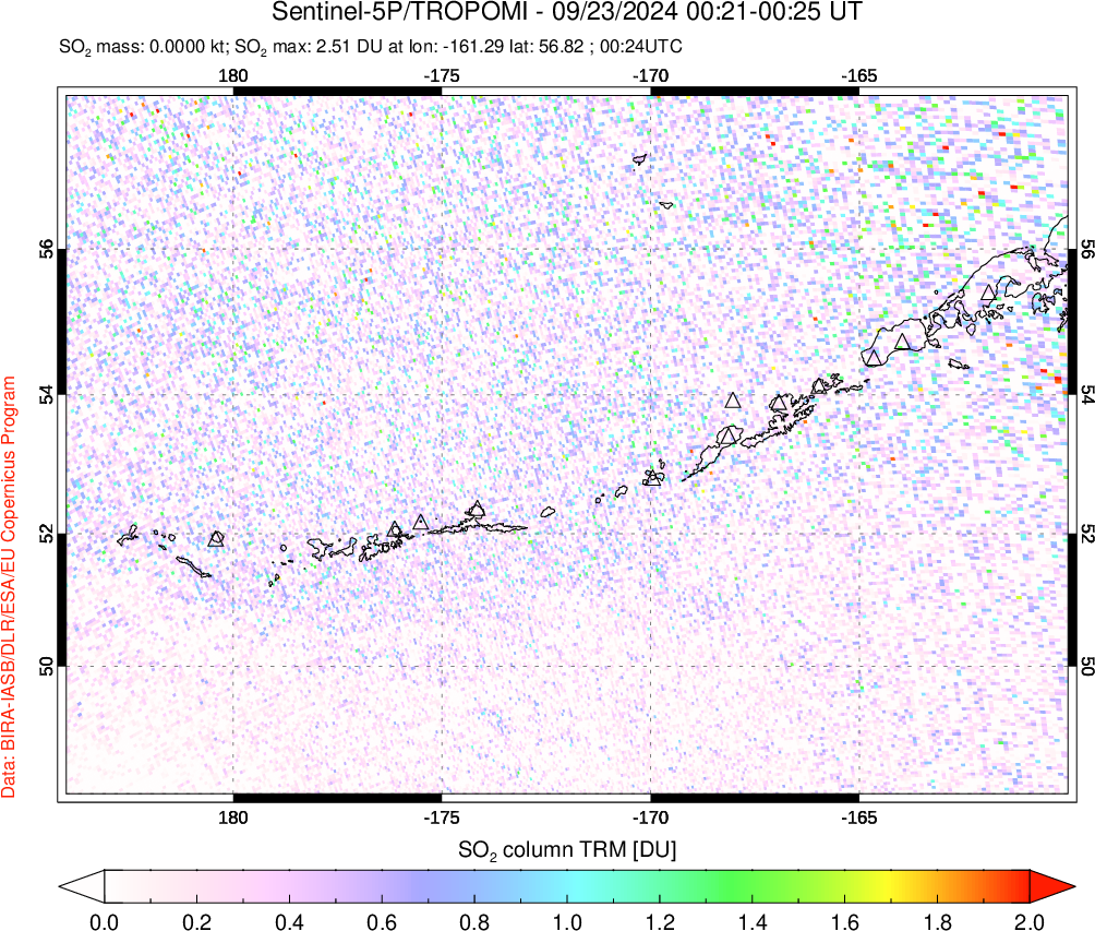 A sulfur dioxide image over Aleutian Islands, Alaska, USA on Sep 23, 2024.