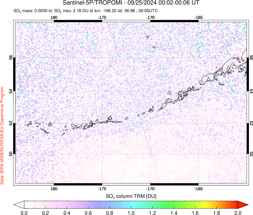 A sulfur dioxide image over Aleutian Islands, Alaska, USA on Sep 25, 2024.