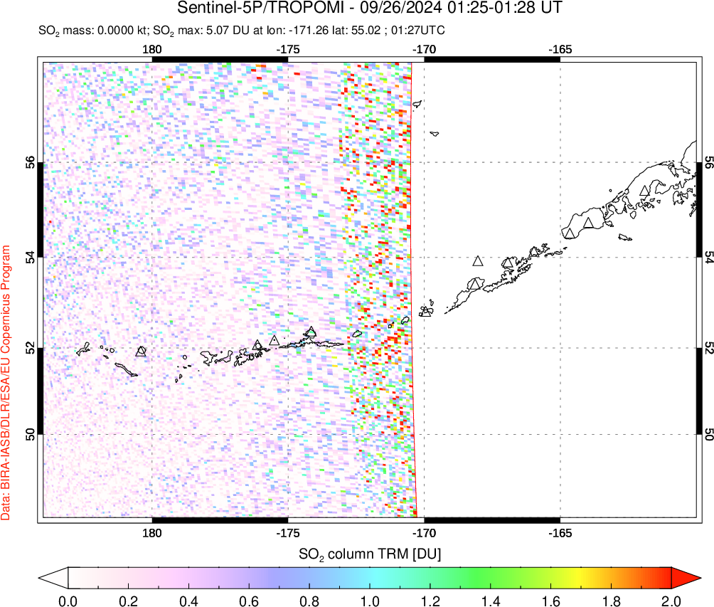 A sulfur dioxide image over Aleutian Islands, Alaska, USA on Sep 26, 2024.