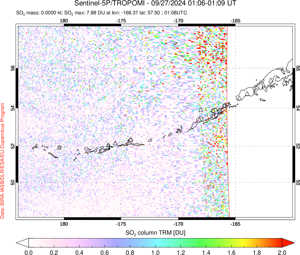 A sulfur dioxide image over Aleutian Islands, Alaska, USA on Sep 27, 2024.