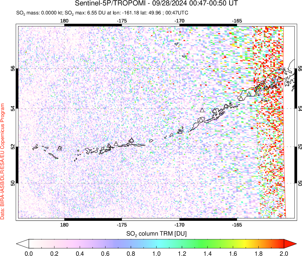 A sulfur dioxide image over Aleutian Islands, Alaska, USA on Sep 28, 2024.