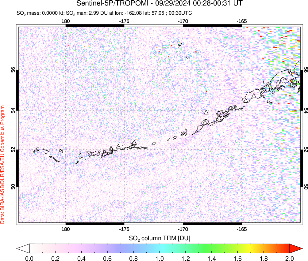 A sulfur dioxide image over Aleutian Islands, Alaska, USA on Sep 29, 2024.