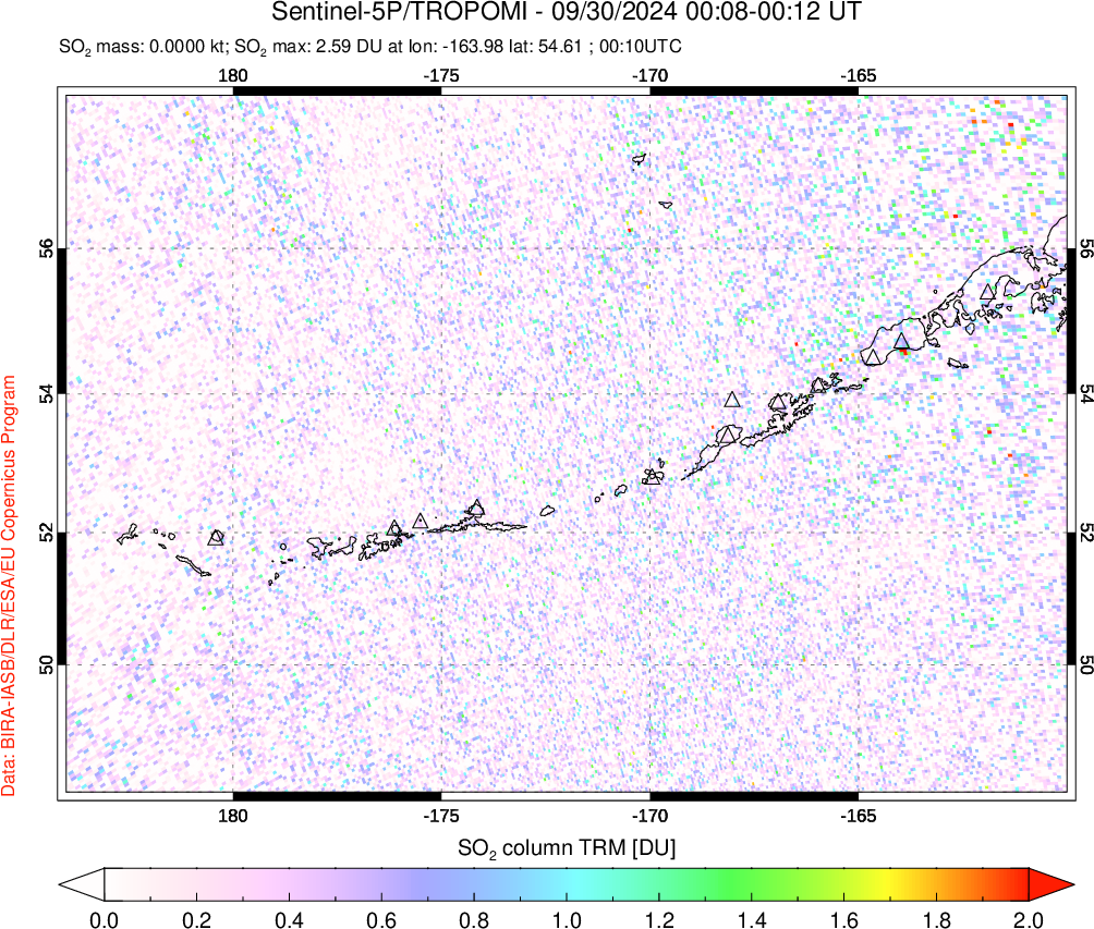 A sulfur dioxide image over Aleutian Islands, Alaska, USA on Sep 30, 2024.