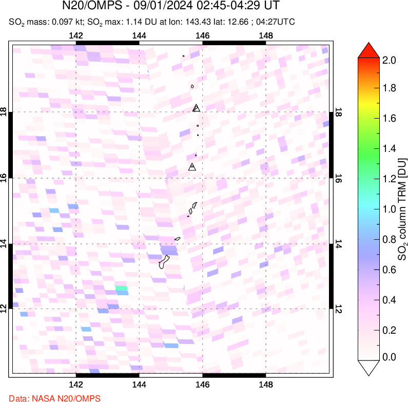 A sulfur dioxide image over Anatahan, Mariana Islands on Sep 01, 2024.