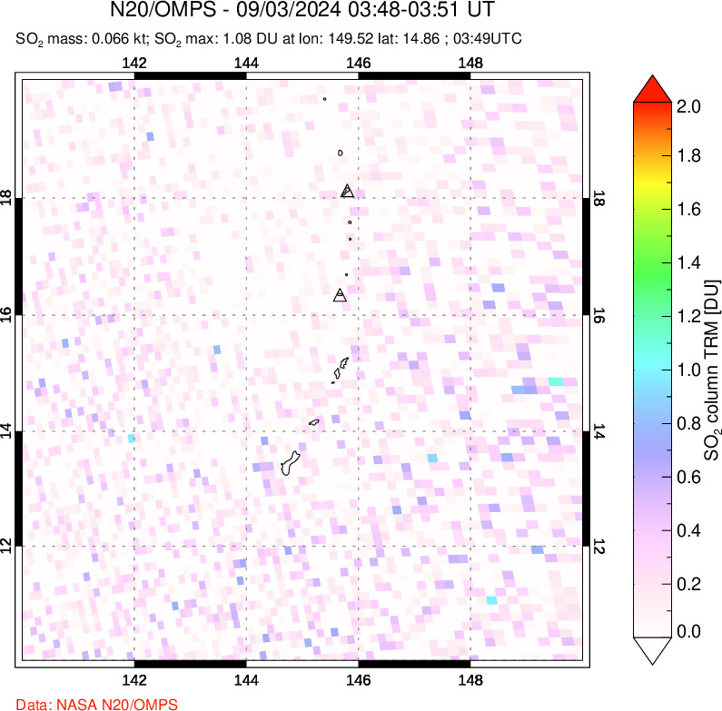 A sulfur dioxide image over Anatahan, Mariana Islands on Sep 03, 2024.