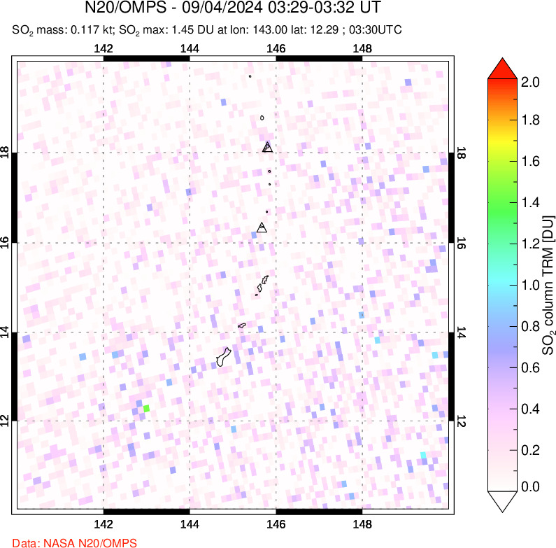 A sulfur dioxide image over Anatahan, Mariana Islands on Sep 04, 2024.