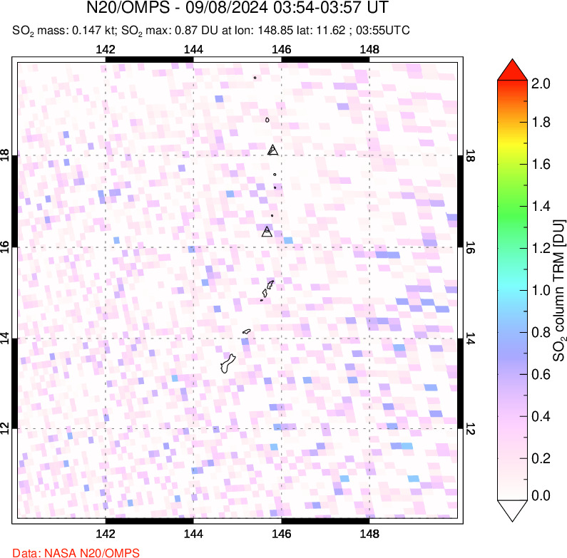 A sulfur dioxide image over Anatahan, Mariana Islands on Sep 08, 2024.