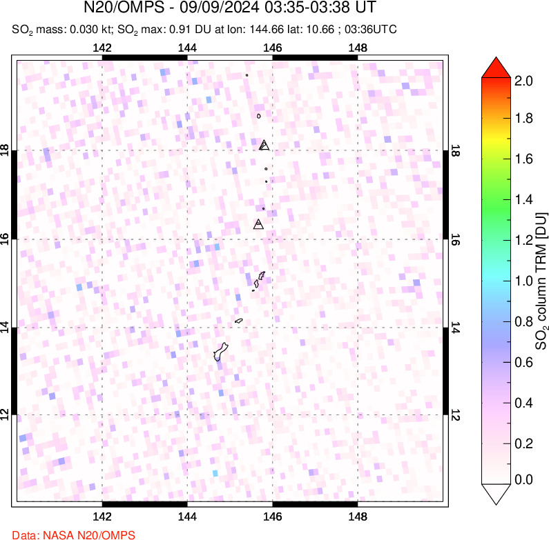 A sulfur dioxide image over Anatahan, Mariana Islands on Sep 09, 2024.