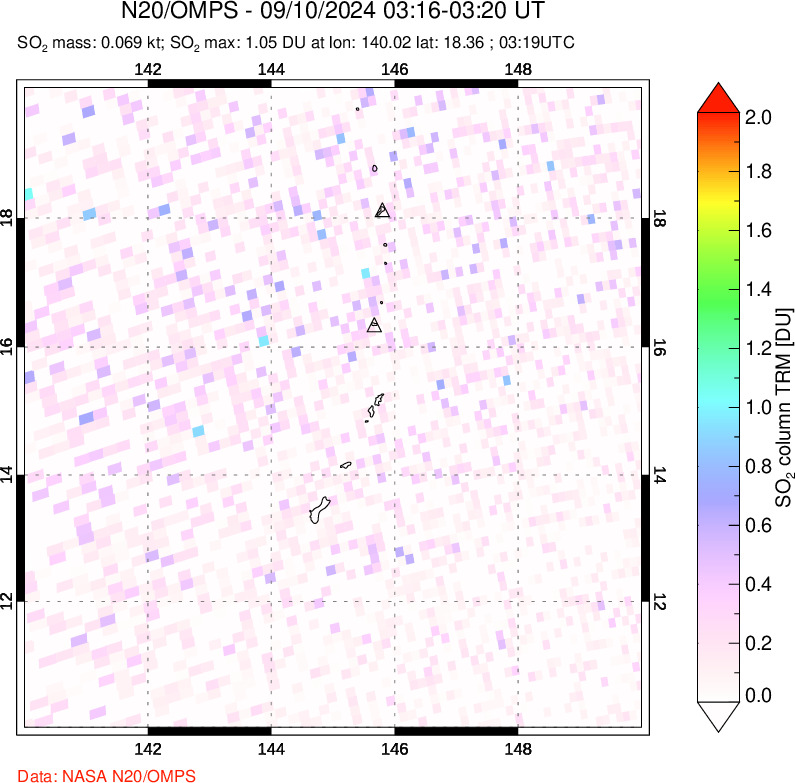 A sulfur dioxide image over Anatahan, Mariana Islands on Sep 10, 2024.