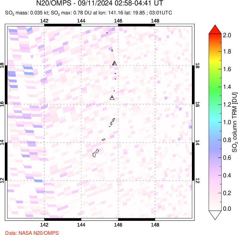 A sulfur dioxide image over Anatahan, Mariana Islands on Sep 11, 2024.