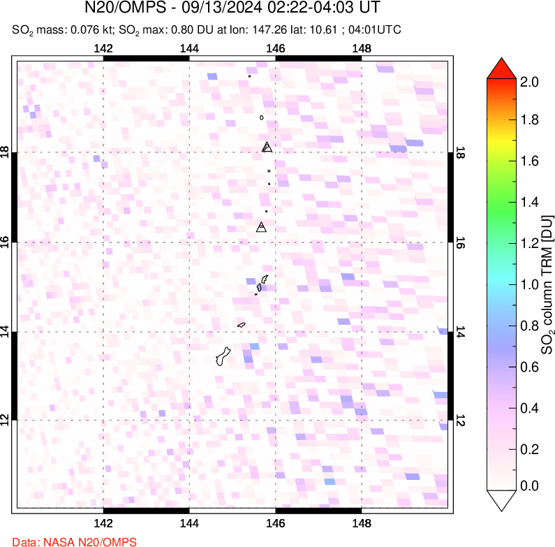 A sulfur dioxide image over Anatahan, Mariana Islands on Sep 13, 2024.