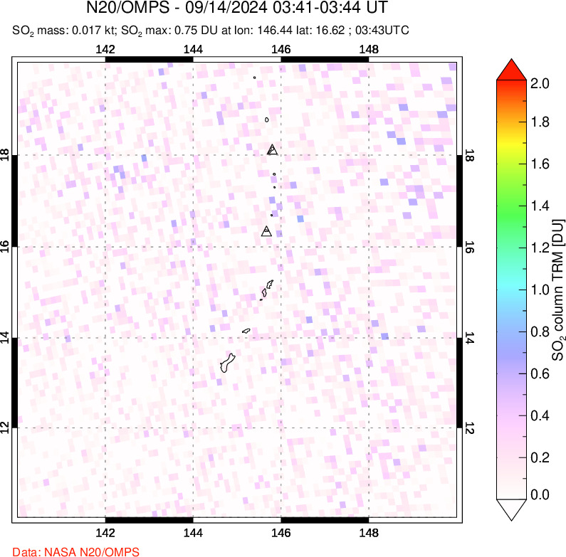 A sulfur dioxide image over Anatahan, Mariana Islands on Sep 14, 2024.