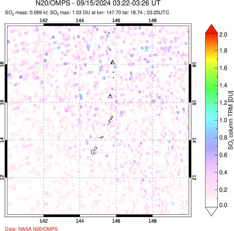 A sulfur dioxide image over Anatahan, Mariana Islands on Sep 15, 2024.