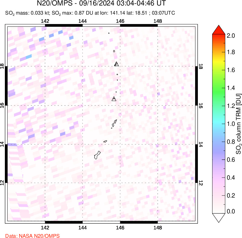 A sulfur dioxide image over Anatahan, Mariana Islands on Sep 16, 2024.