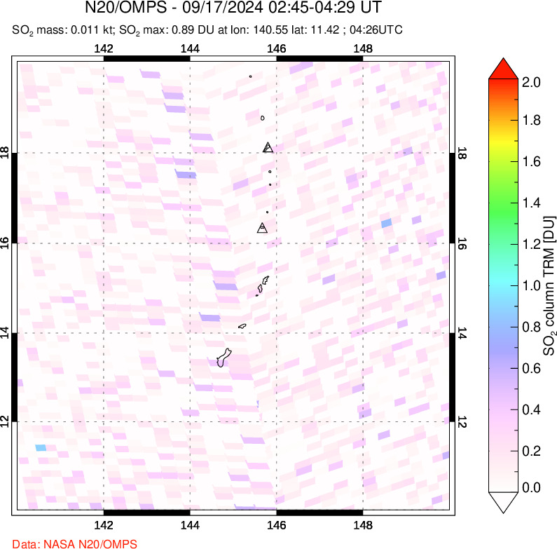 A sulfur dioxide image over Anatahan, Mariana Islands on Sep 17, 2024.