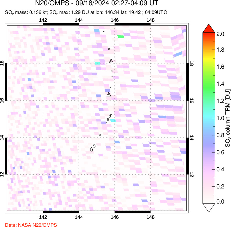 A sulfur dioxide image over Anatahan, Mariana Islands on Sep 18, 2024.