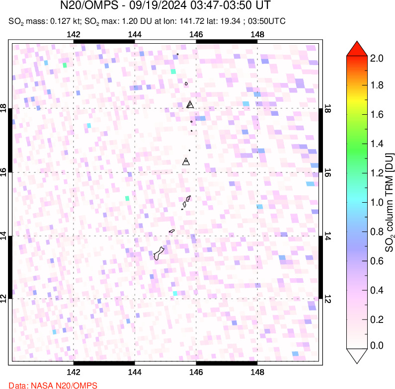 A sulfur dioxide image over Anatahan, Mariana Islands on Sep 19, 2024.