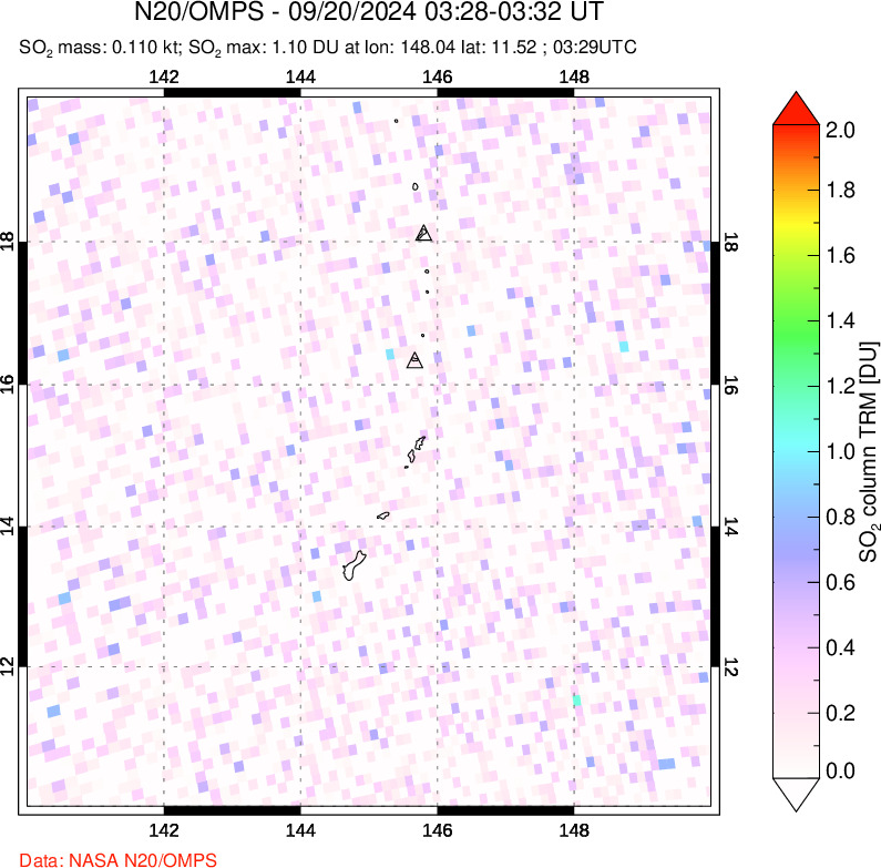 A sulfur dioxide image over Anatahan, Mariana Islands on Sep 20, 2024.