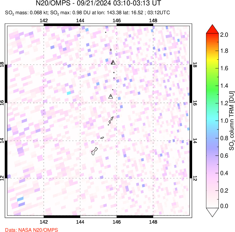 A sulfur dioxide image over Anatahan, Mariana Islands on Sep 21, 2024.