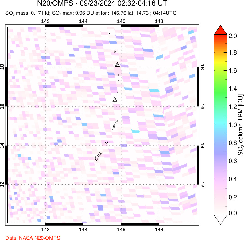 A sulfur dioxide image over Anatahan, Mariana Islands on Sep 23, 2024.