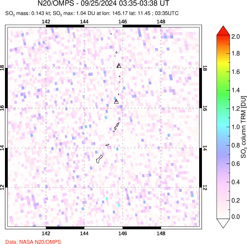 A sulfur dioxide image over Anatahan, Mariana Islands on Sep 25, 2024.