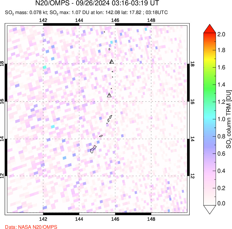 A sulfur dioxide image over Anatahan, Mariana Islands on Sep 26, 2024.