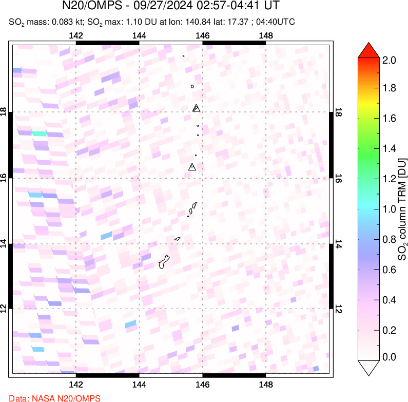 A sulfur dioxide image over Anatahan, Mariana Islands on Sep 27, 2024.