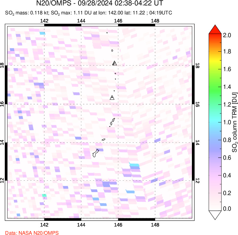 A sulfur dioxide image over Anatahan, Mariana Islands on Sep 28, 2024.