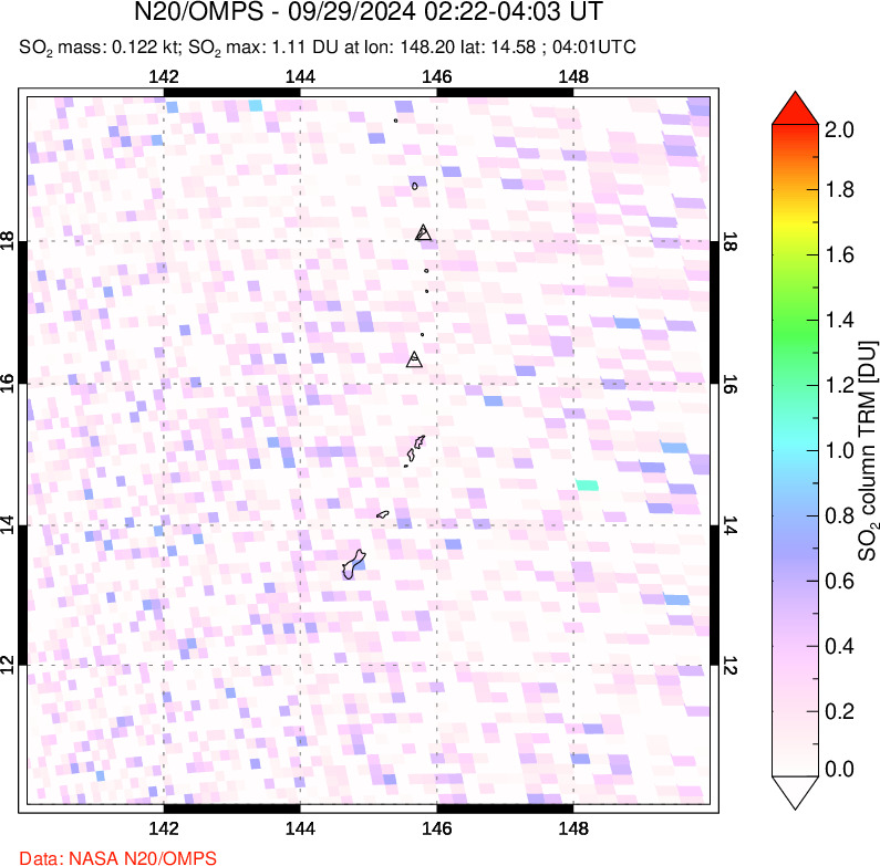 A sulfur dioxide image over Anatahan, Mariana Islands on Sep 29, 2024.