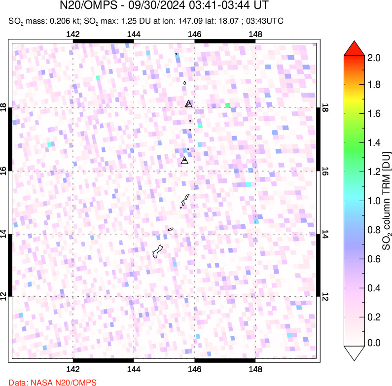 A sulfur dioxide image over Anatahan, Mariana Islands on Sep 30, 2024.