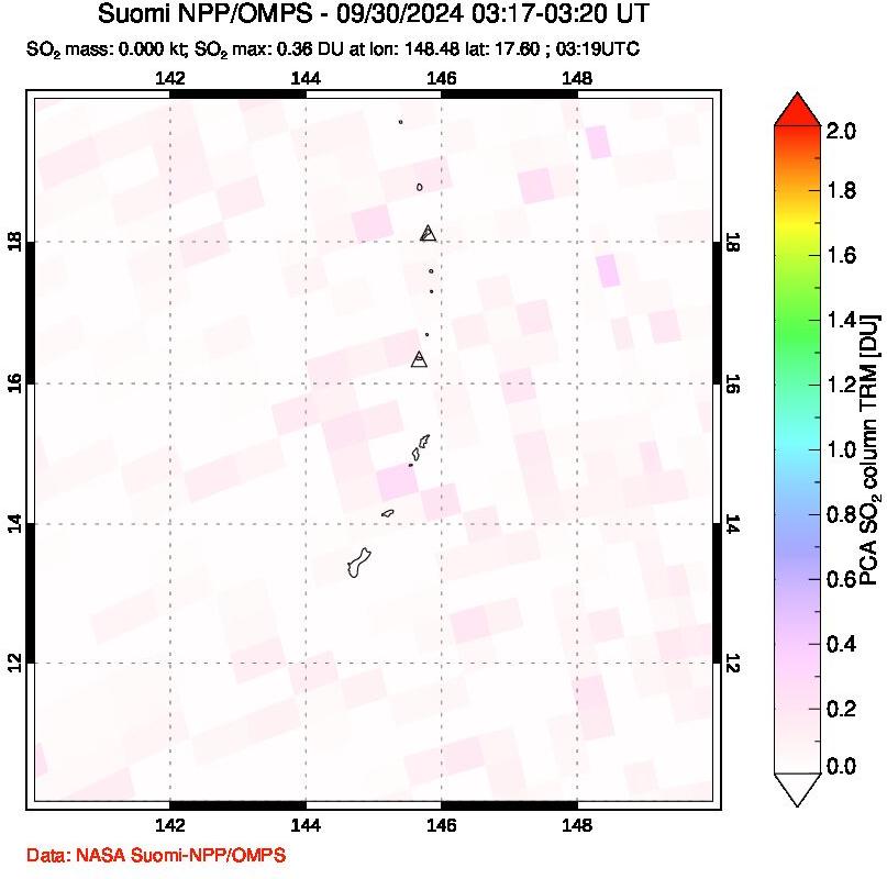 A sulfur dioxide image over Anatahan, Mariana Islands on Sep 30, 2024.