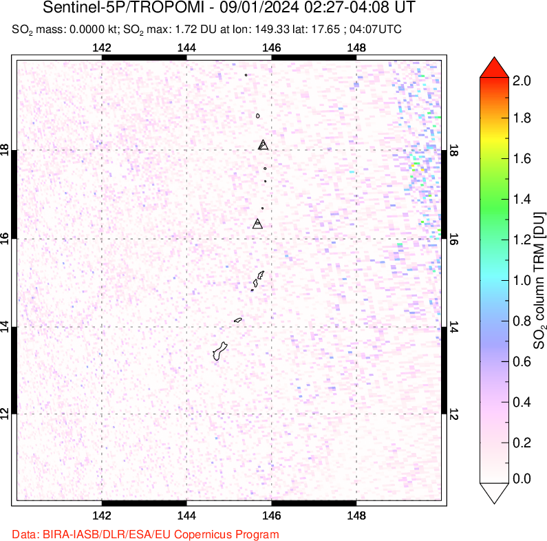 A sulfur dioxide image over Anatahan, Mariana Islands on Sep 01, 2024.